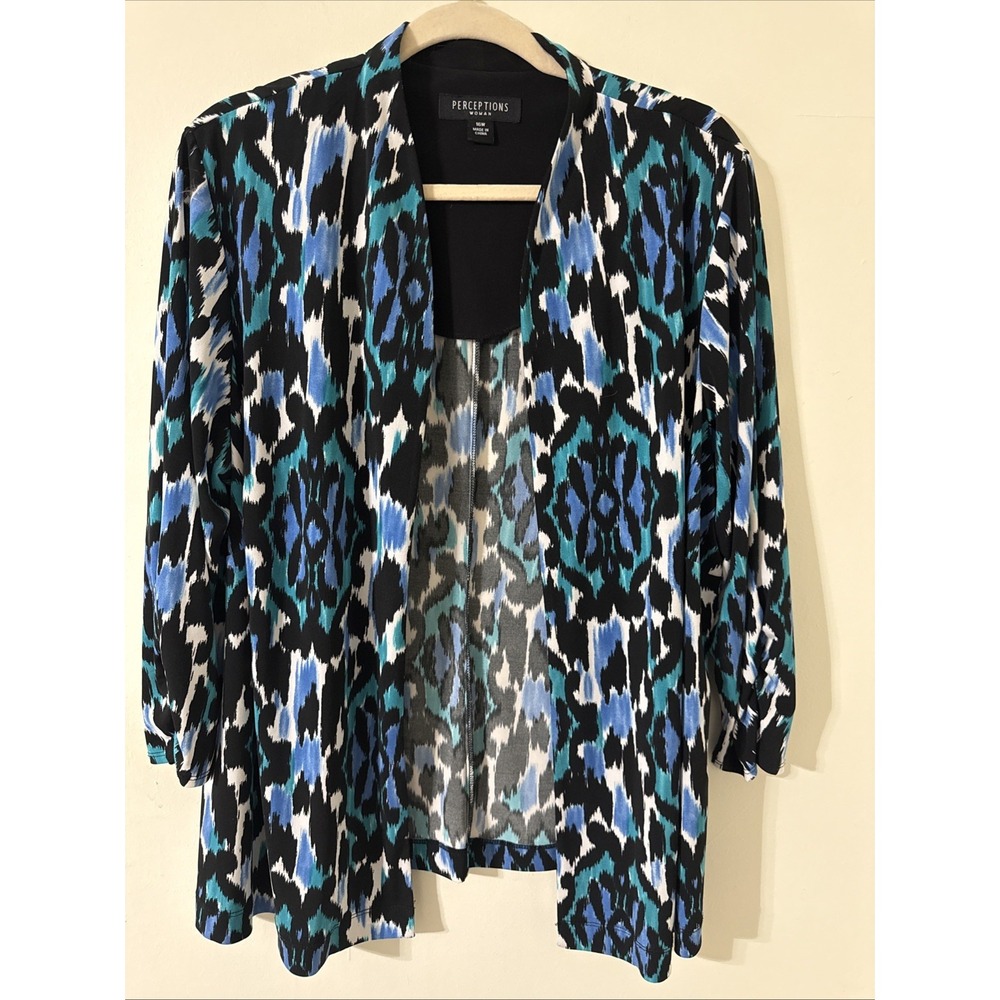 Perceptions Woman Multi Color Black Blue White 3/4 Sleeve Open Cardigan Top